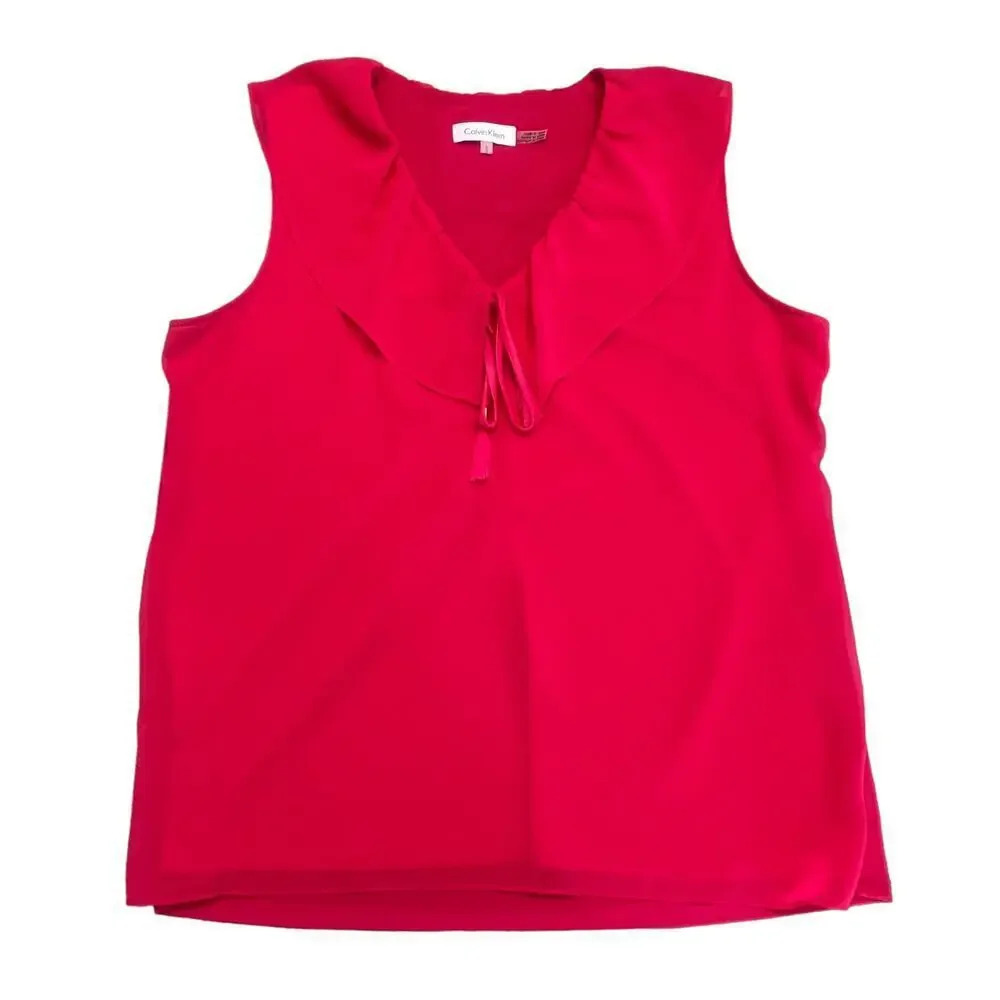 Calvin Klein Women's Large Fuchsia Pink V-Neck Tie Detail‎ Ruffle Sleeveless Top